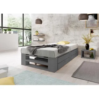 Lermowood Palettenbett M2 aus Holz 120 x 200 cm Grau mit Lattenrost und 2 Bettkästen Holzbett 30cm Stabiles Seniorenbett Kinderbett Jugendbett Gästebett erhöhtes Bettgestell Futonbett Komforthöhe