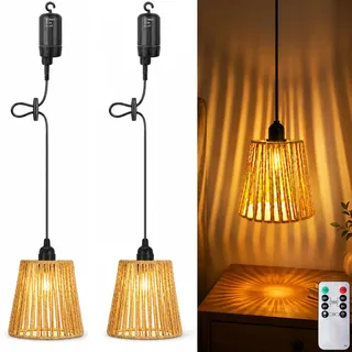 Boho Rattan Hängelampe,2 Stück Außen Innen Hängeleuchte,Batteriebetriebene Lampe Tragbare,Boho Korb Lampenschirm Pendelleuchte,Lampe Hängend,Hängeleuchte Rattan Mit Fernbedienung