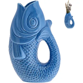 Vase Fisch 'Blubb' | 13,5x21x9cm Dolomit blau | Blumen Dekovase Fischform Fischmaul Griff | Gefäß für Blumen und Sträucher mit Gluckgeräuschen (1 x Vase blau 21cm)