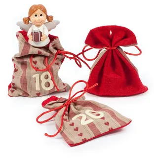 pajoma® Adventskalender zum Befüllen 24 Stoffbeutel Besinnliche Zeit Herzchen bestickt DIY Weihnachtskalender zum Aufhängen mit Schnur & Knöpfen