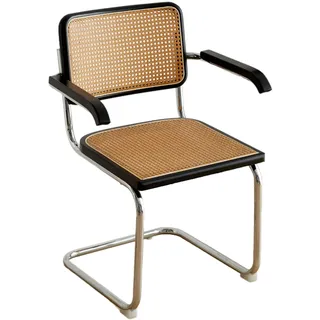 Mid Century Esszimmerstuhl Akzentstuhl mit natürlicher Rohrrückenlehne und rostfreiem Chromgestell, gepolsterter Holz-Rattan-Küchenstuhl für Wohnzimmer/Schlafzimmer/Esszimmer/Hof
