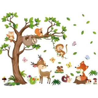 Wandtattoos Dschungelwaldtiere Baum - Wandtattoos Safari Zoo Faultier Sikahirsch Eichhörnchen - Wandtattoos Kinderzimmer Schlafzimmer Wanddekoration