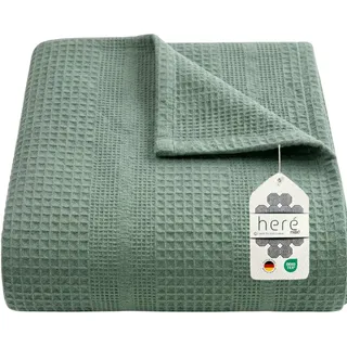 herémood Tagesdecke aus 100% Baumwolle – Elegante Waffelpique Wohndecke 180x220 cm, weiche, Kuscheldecke für Sofa & Bett, atmungsaktiv & pflegeleicht – MİNTGRÜN grün 220 cm x 240 cm