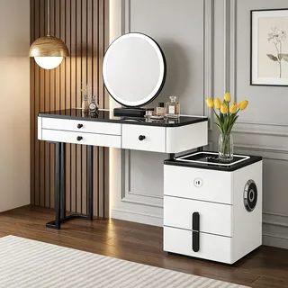 Generisch Schminktisch mit Spiegel mit Tischplatte aus Gehärtetem Glas, Modern Multifunktionaler Frisierkommode mit 5 Schubladen für Schlafzimmer, Montagefreundlich,Schwarz + weiß