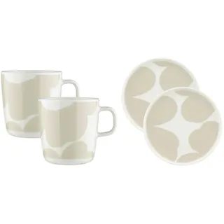 Marimekko - Oiva Iso Unikko Teller & Becher, Ø 25 cm & 250 ml, weiß / straw (4er-Set)