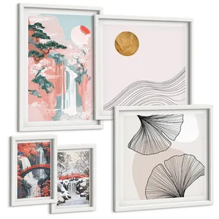 BILDER SET 5er Set - 50x50 cm & 20x30 cm & 40x60 cm Weißer Rahmen - Wasserfälle, Brücken, Bäume, Jahreszeiten