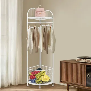 Esyogen Eck-Garderobe Metall-Eckgarderobe 40x180cm Eck-Kleiderständer 6 Haken und 2 Speicherplatz, Steh-Garderobe mit Lagerung für Flur Schlafzimmer Wohnzimmer Eingang (weiß)