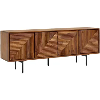 FineBuy Sideboard Sheesham Massivholz 140 cm mit 4 Türen - Massive Retro Kommode mit Schwarzen Beinen - Design Natur Anrichte - Handmade Industrial