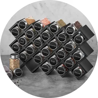 ecooe Bambus Gewürzregal Schwarz Gewürzständer für Küchenschrank und Arbeitsfläche mit 27 Gewürzgläsern und Labeln Gläser, Deckels aus Edelstahl 304