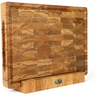 B4K® Schneidebrett mit Ständer aus Eiche Stirnholz 40 × 30 × 4 cm – Massiver Hackblock | Antibakterielles Hirnholzbrett mit Griffen, Saftrille & Silikonfüßen | Perfekt für Küche, Fleisch & BBQ