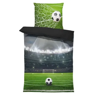 One Home Bettwäsche Fußball, Mikrofaser, 4 teilig, Fußballstadion, auch geeignet als Kinderbettwäsche grün