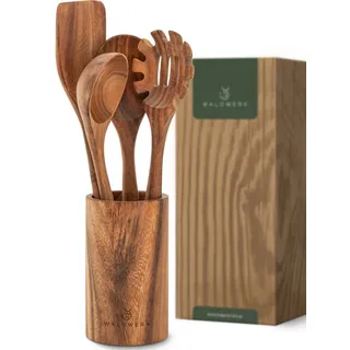 Waldwerk Kochbesteck-Set Küchenhelfer aus Teakholz - Kochbesteck Set - Küchenutensilien (4-tlg), Pfannenwender, Holzlöffel, Nudellöffel und mehr