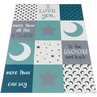 Paco Home Kinderteppich Kinderzimmer Jungen Herzen Sterne Mond Spruch Blau Grau, Grösse:160x230 cm,