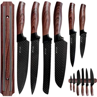 7 Stücke Messer Set Mit magnetischer Messerhalter,Küchen Messerset,Kochmesser,Santoku Messer,Gemüsemesser,Schälmesser,Scharfe Messer Edelstahl,Antihaftbeschichtete,PE-Griffe (7 Stücke Messer Set)