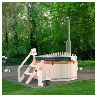 HOME DELUXE Badebottich Hot Tub / holzbefeuertes Badefass (210cm), SKANDI L, 1800 l, für 4 Personen, integrierter Holzofen, Treppe und Abdeckung inklusive Ø 180 cm x 180 cm