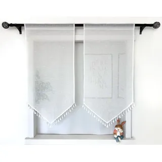 Daliena Scheibengardinen Panneaux Kurzgardine Leinenoptik BxH 90x100cm Weiß | Küchenvorhang mit Quaste Bistrogardine Lichtdurchlässig, Moderne Gardine für Kleines Fenster, Kurzstore mit Tunnelzug 1 Stück