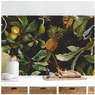 Bilderdepot24 Küchenrückwand grün dekor Botanik Tropisch Kunst Muster Tiere Vögel mit Ananas Grün, (1-tlg., Nischenrückwand - für Fliesenspiegel ohne Bohren - matt), Spritzschutz Rückwand Küche Herd - Folie selbstklebend versch. Größen grün 300 cm x 60 cm