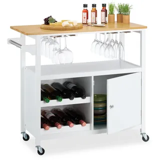 Relaxdays Küchenwagen, Weinregal, Gläserhalter, Schrankfach, Handtuchhalter, HBT: 83x92x40 cm, Bambus, MDF, weiß/natur