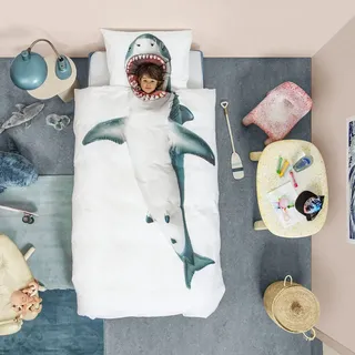 Snurk Kinder Bettwäsche Set Shark 135x200 cm, 100% Baumwolle, Bettdecke & Kissenbezug, Heimtextilien für Jungen & Mädchen, Komfortable & Atmungsaktive Bettwäsche für das Kinderzimmer - Hai