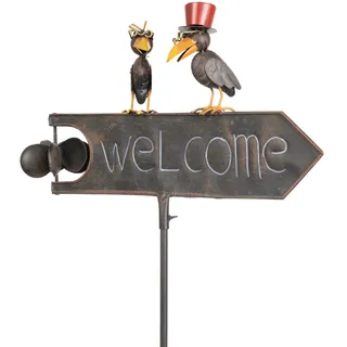 Moritz Deko Gartenstecker Welcome Schild mit 2 Raben aus Metall ca. 125x48x11 cm - wetterfeste Gartendeko mit Windspiel-Funktion - Vogel-Figuren  Zylinder