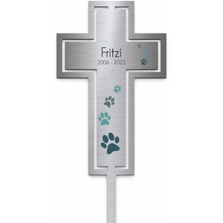 Edelstahl Grabstecker Kreuz Hund Katze - Blumenstecker Tier | Personalisierter Metall Grabschmuck wetterfest Tiere | Tiergrab Hundegrab Katzengrab Deko | Trauer Andenken (Personalisierbar)