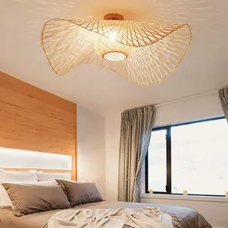 FUMIMID Bambus Deckenleuchte E27 Retro Pendelleuchte Natürlicher Rattan Kronleuchter Handgewebte Deckenlampe Schlafzimmer Restaurant Wohnzimmer Café Dekoration Energiesparlampe,A,100cm
