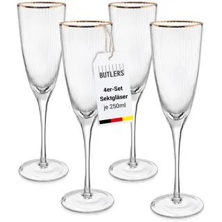 BUTLERS GOLDEN TWENTIES Champagnerflöte, 4er-Set, 250 ml, Goldrand | Sektglas mit mundgeblasenem Kristallglas, geriffelte Optik, handbemalt, für Prosecco & Schaumwein, ? 7 x 26 cm