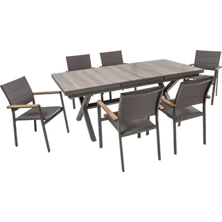 Garden Pleasure Garten-Essgruppe, Tischgruppe »RANA/DAVINA Set 03«, (Set, 7-tlg), 6 Stühle (stapelbar), 1x Ausziehtisch LxB: 200-260 x100 cm grau