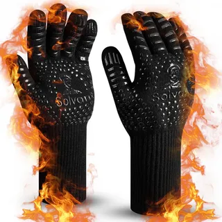 Solvant Grillhandschuhe Hitzebeständig bis 800°C, Ofenhandschuhe Topfhandschuhe Feuerfeste Handschuhe BBQ Handschuhe Kochhandschuhe Backhandschuhe Backofenhandschuhe, aus Baumwolle (Schwarz, L)