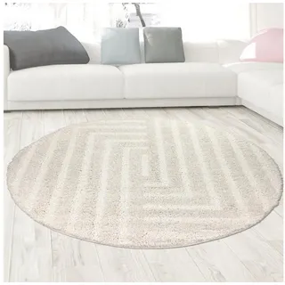 Carpetia Teppich Flauschiger Wohnzimmer Teppich mit Linien Muster in Creme, Rund beige Rund | 200 cm x 200 cm