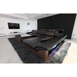 Sofa Dreams Ecksofa Monza L Form Leder Couch mit Ottomane und LED Beleuchtung, Couch, mit LED, wahlweise mit Bettfunktion als Schlafsofa, Designersofa braun|schwarz