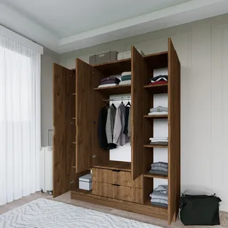Großer Väterlicher Kleiderschrank, Schlafzimmergarderobe Mit 9 Fächern, 2 Schubladen, 140x182h Cm, Nussbaum Braun