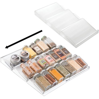 mDesign 2er-Set Gewürzregal für Schublade – ausziehbarer Gewürzständer aus Kunststoff für Ordnung in der Küche – praktischer Schubladen-Organizer auf 3 Ebenen – durchsichtig