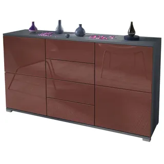 Vladon Sideboard Rova V1 (Kommode mit 4 Türen, 4 Schubladen, Made in Germany), Anthrazit matt/Bordeaux Hochglanz (138,5 x 75,5 x 35) rot