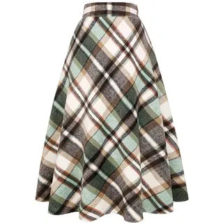 Ylingjun Langer, karierter Wollrock für Damen, Winter, Herbst, warm, hohe elastische Taille, A-Linie, ausgestellt, plissiert, Wolle, Schottenkaro, Grün 02, Groß - L