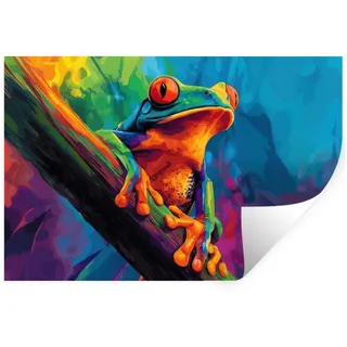 MuchoWow Wandsticker Frosch - Leuchtend bunt - Zweig - Regenbogen (1 St), Wandtattoo, Selbstklebend, Wohnzimmer, 60x40 cm bunt 60 cm x 40 cm x 0.1 cm