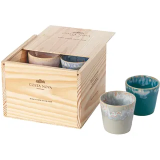 Costa Nova Geschenkset Grespresso: 8 Steinzeug-Tassen mit reaktiver Glasur, Handveredelt in Portugal, Stapelbare Espresso Becher in edler Holzbox, Spülmaschinenfest, Mehrfarbig, ⌀ 6,5 cm