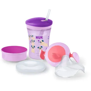 NUK 3-in-1 Trinklernset mit Trainer Cup Schnabeltasse (6+ Monate), Magic Cup 360° Trinklernbecher (8+ M) & Action Cup Trinkflasche Kinder (12+ M) | 230 ml | BPA-frei | Hund (lila)