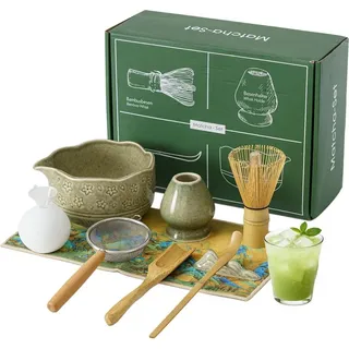 VONATES Matcha Set 9-tlg. mit Matcha-Schale, Bambus-Besener & Halter, Sieb, Löffel, Tuch, Eisform - Starter-Kit für Teezeremonie & Geschenk, Grün - Grün