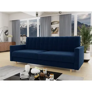 Sofnet Schlafsofa Sara, mit Schlaffunktion und Bettkasten, Bettsofa mit Holzfüße und Wellenfeder blau