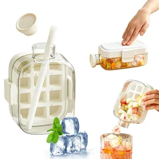 Eiswürfelflasche mit Strohhalm, 2-in-1 Silikon Eiswürfelbecher, Ein-Knopf Freisetzung, BPA-frei, für Büro, Reisen und Sport (Weiß, 500ml)