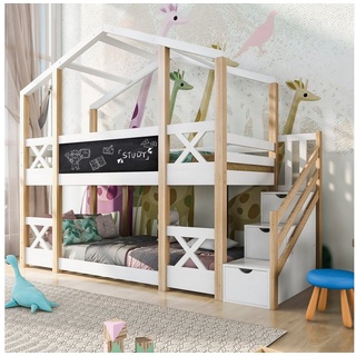 REDOM Etagenbett Kinderbett Baumhaus (Hochbett für Kinder– 2x Lattenrost- Natur & Weiß, mit Schublade und Rausfallschutz), Praktikabilität und Kreativität kombinieren weiß