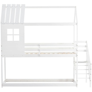 Merax Etagenbett für Erwachsene, Hochbett mit Treppe Hausbett Kiefer 90x200cm, Weiß