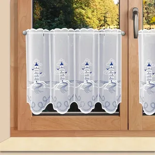 SeGaTeX home fashion Maritime Scheibengardine Leuchtturm Badgardine aus Echter Plauener Spitze blau-weiß 40 x 160 cm