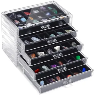 Accmuzzy Acryl Schmuck Organizer,Schmuckaufbewahrung für Damen,Durchsichtige Schmuckaufbewahrung Schmuckkästchen Schmuckbox mit Schubladen für Ohrringe, Ringe (5 Schubladen Schwarz)