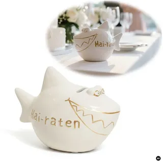 LS-LebenStil Spardose Keramik Sparschwein Spruch Hai-Raten Weiß Gold Hochzeit Sparbüchse, (perfekt als Geschenk zum Geburtstag Hochzeit oder Verlobung, Taufe, 1-tlg., 100% von Handbemalt, mit Filzgleiter - keine Kratzer), Exklusives Design, Originelle lustige Sprüche weiß 13.00 cm x 13.00 cm x 11.00 cm x 7.00 cm