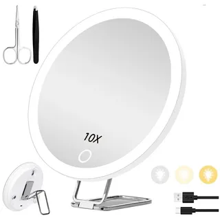 Senmudi Kosmetikspiegel Kosmetikspiegel Vergrößerungsspiegel mit Licht 3 Farbe Modi (Dimmen beleuchtete Make-up-Spiegel mit 10X Vergrößerung, vergrößerte Spiegel, große wiederaufladbare Reise, 3 Saugnäpfen), 360 ° Tisch Stand für Schminken Makeup Gesichtspflege und Reisen weiß