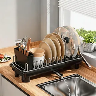 Geschirrabtropfgestell Klein,Abtropfgestell Geschirr Edelstahl mit Abtropfschale,360° Drehbarem Auslauf und Utensilienhalter,Geschirrständer für die Kleine Küchentheke, Small Dish Drying Rack