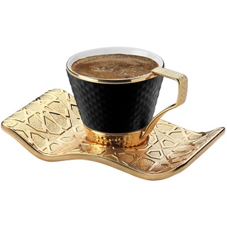 DEMMEX Set mit 6 atemberaubenden Espressotassen für türkischen griechischen Kaffee mit Getränkehaltern und Untertassen, 18-teilig, 80 ml (Schwarz – Gold)