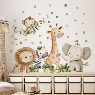 Wandsticker Dschungel Tiere, Wandtattoo selbstklebend mit Cartoon Tiermotiven, abnehmbar und rückstandslos entfernbar, wasserfest, Wandaufkleber für Kinderzimmer, Fenster und Möbel